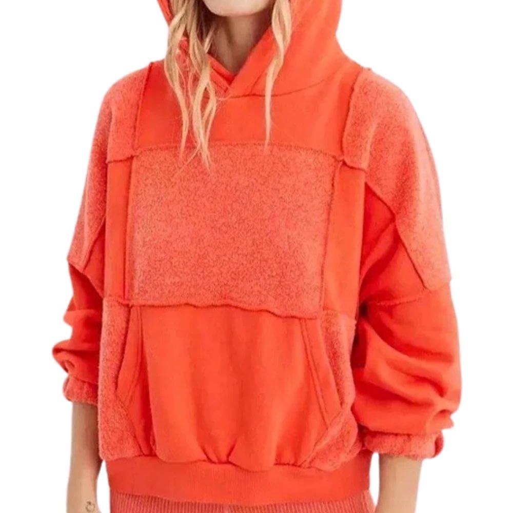 Aerie Women's Sherpa Patchwork Hoodie Orange Fleece Oversized Semi-Cropped XL